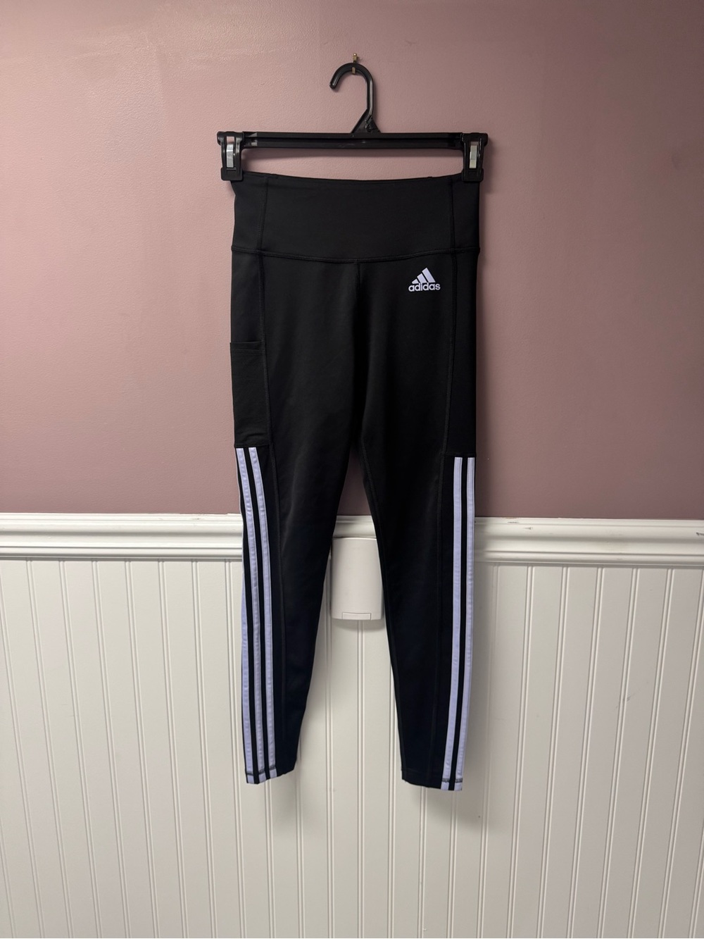 NWOT Adidas Women’s Black Athletic Leggings with Lilac Stripes